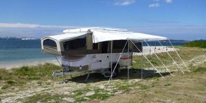 Beautiful White Modern Caravan With Canopy Setup - Caravans For Hire Mandurah